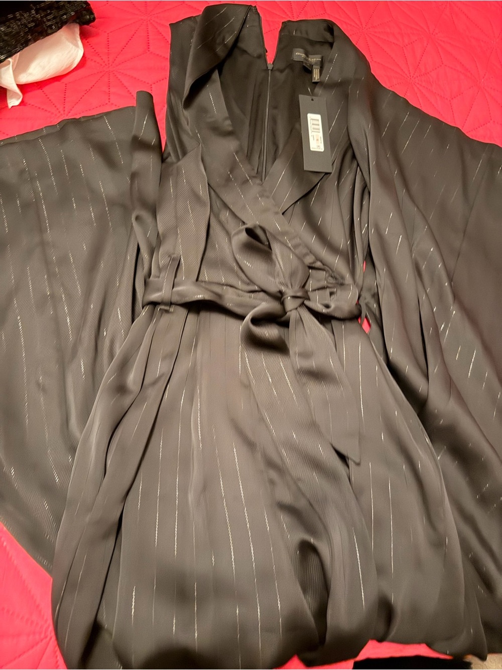 Donna Karan Black Satin Wrap Robe with Silver Pinstripe Detail